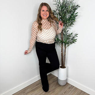 Brown-and-cream checkered mesh high-neck cropped top with long sleeves