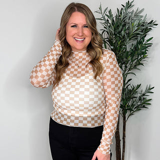 Brown-and-cream checkered mesh cropped long-sleeve top with high neck