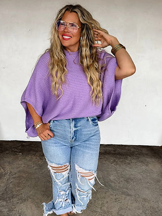 Lavender knit poncho top with mock neck, loose draped 3/4 sleeves