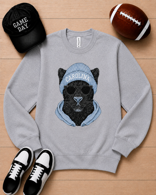 Light gray long-sleeve crewneck sweatshirt with Carolina cat head graphic