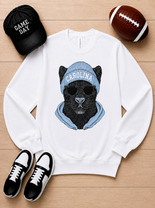 White long-sleeve graphic crewneck sweatshirt with Carolina bear logo