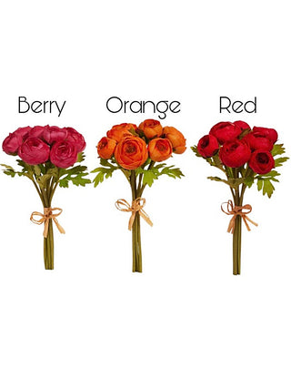 Set of three faux buttercup bouquets with berry, orange, and red blooms, tied stems