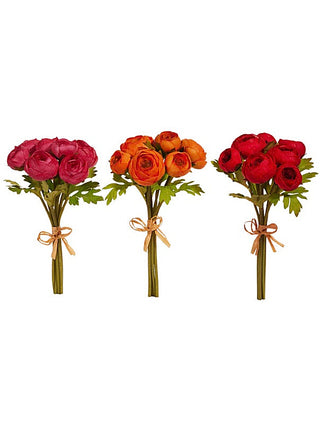 Faux buttercup bouquet with clustered rosette flowers in berry, orange, and red