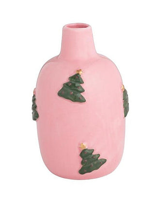 Pink dolomite vase with green Christmas tree motifs and gold accents