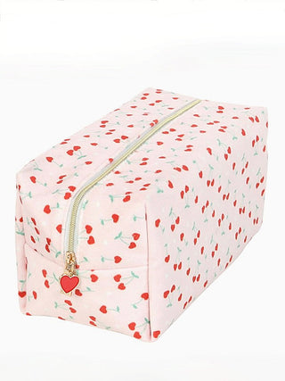 Pink cherry print makeup bag with zip and heart-shaped charm
