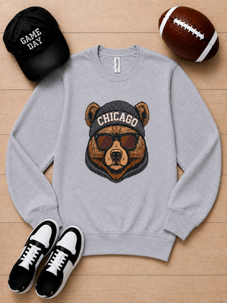 Light gray long-sleeve crewneck sweatshirt with Chicago bear head graphic