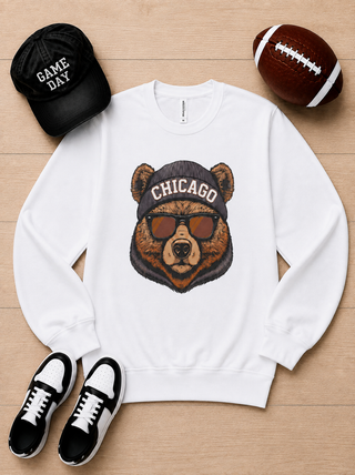 White long-sleeve graphic crewneck sweatshirt with Chicago bear logo