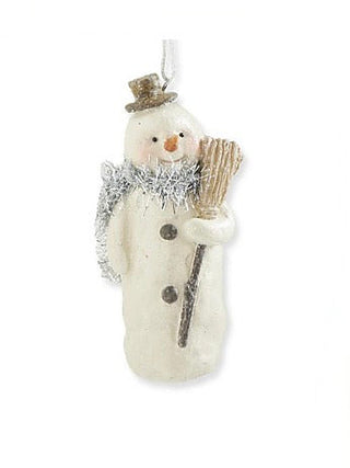 White resin ornament: snowman figure with gray tinsel scarf and hat, holding a staff