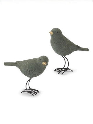 Chirping charm decor set with two green bird figurines on metal wire legs