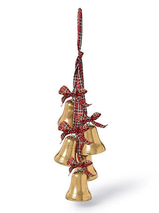 Plaid ribbon ornament with three gold chime bells