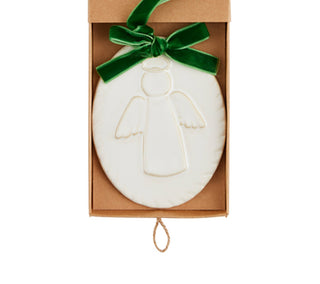 Milk-glazed stoneware angel Christmas ornament with green bow ribbon loop for hanging