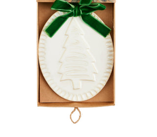 Milk-glazed stoneware tree Christmas ornament with green ribbon loop for hanging