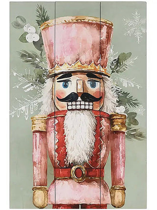 Nutcracker wood hanging decor with painted face, white beard, and golden buttons