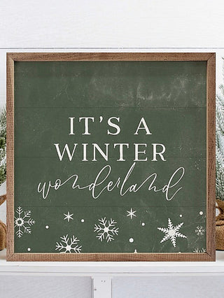 Wood shelf sitter with green chalkboard, white winter wording and snowflake designs