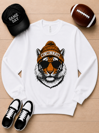 White long-sleeve crewneck sweatshirt with Cincinnati gold hat tiger graphic