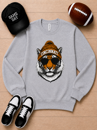 Light gray long-sleeve crewneck sweatshirt with Cincinnati tiger head graphic