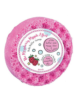 Body buffer sponge in pink, round label on front