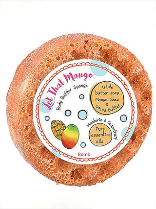 Body buffer sponge in orange, round label on front