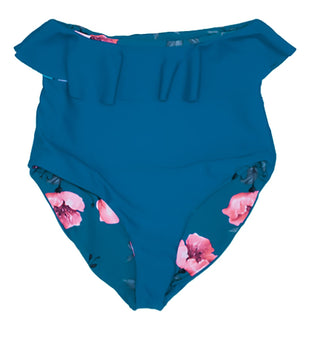 Solid teal high-rise swim bottoms with drawstring waistband and pink-floral side panels