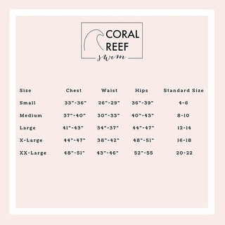 Coral Reef swim size chart with chest, waist, and hip measurement ranges