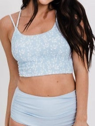 Light blue speckled swim top, scoop neck, spaghetti straps