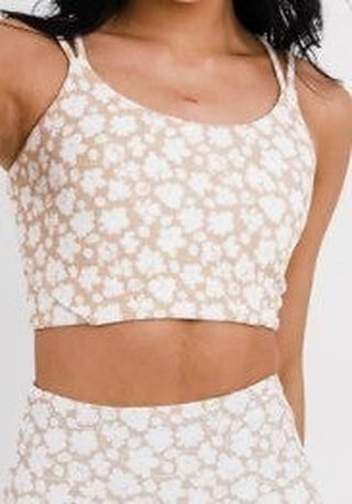 Cream floral-pattern swim top with thin spaghetti straps
