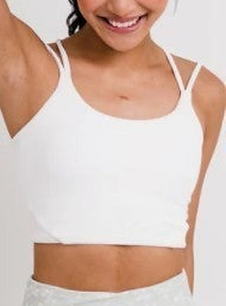 White solid swim top with scoop neck and spaghetti straps