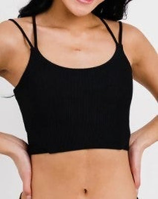 Black solid swim top with scoop neck and thin spaghetti straps