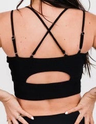 Black strappy swim top with X-back straps and cutout back