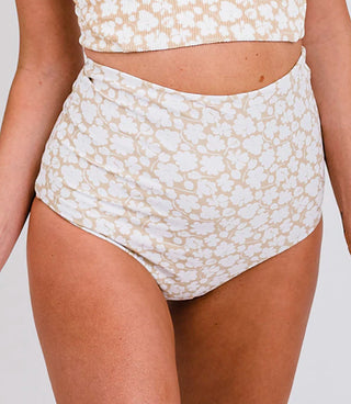 Reversible extra high-rise swim bottoms, white with gold floral pattern, full-coverage