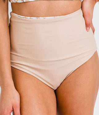 Reversible extra high-rise swim bottoms, solid tan/cream, high waist, full coverage