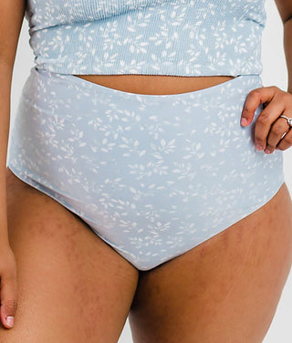 Reversible extra high-rise swim bottoms, light blue with white floral print, high waist