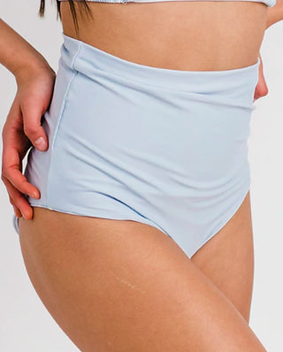 Reversible extra high-rise swim bottoms, solid light blue, high waist, ruched fit