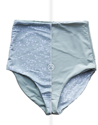 Reversible extra high-rise swim bottoms, light blue floral one side, solid blue other