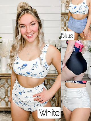 White ultra high-rise bikini swim bottoms with ruched waist