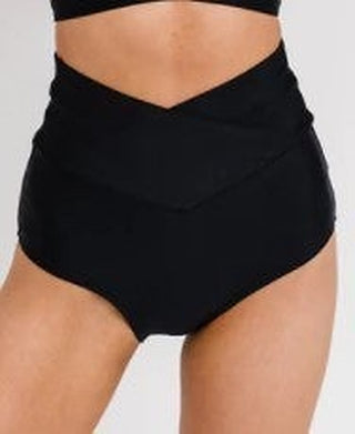 High-rise black swim bottoms with ruched waistband and V-shaped front seam