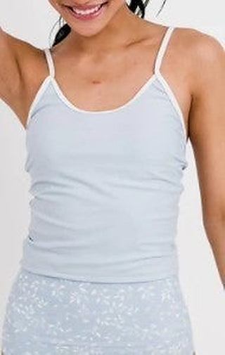 Light gray sleeveless swim tank with thin straps and scoop neckline