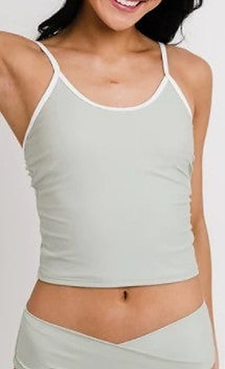 Light gray sleeveless swim tank with thin straps and scoop neckline