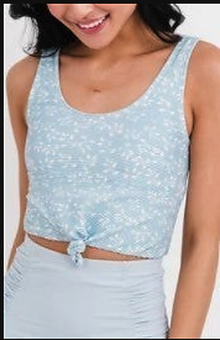 Light blue speckled knotted swim tank top with gathered front knot