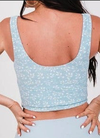 Light blue speckled knotted swim tank top with scoop back and front tie