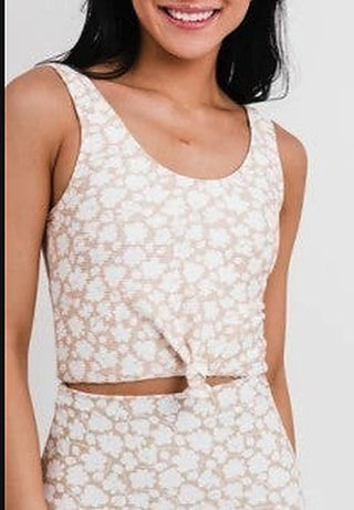 Beige lace-print knotted swim tank top with center knot hem