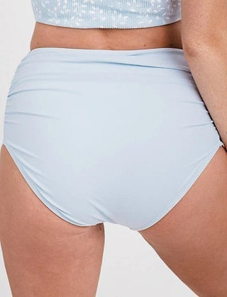 High-rise swim bottom in light blue with ruched paneling and full back coverage