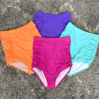 Women’s ultra high-rise ruched swim bottoms, assorted colors: orange, purple, pink, aqua