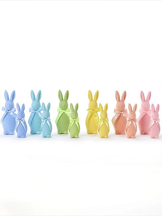 Set of cotton bunny decorations in blue, green, yellow, peach, and pink
