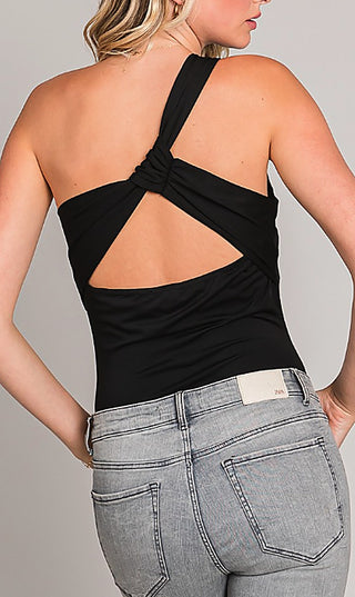 Black one-shoulder padded bodysuit with crisscross open-back straps