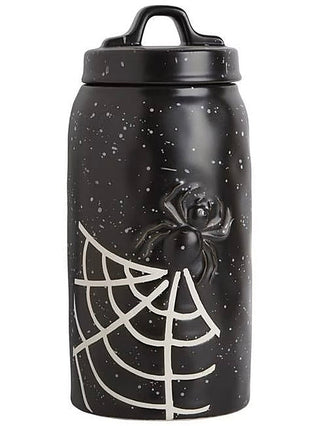 Black ceramic canister with lid, spider on web graphic
