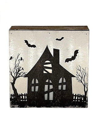 Wooden creepy night light decor with haunted house and bats silhouette