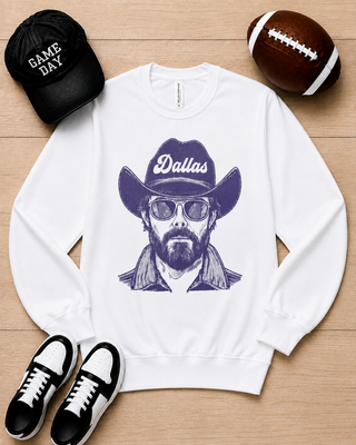White long-sleeve crewneck sweatshirt with Dallas purple cowboy bear graphic