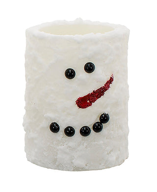 Snowman pillar candle with black eyes and red mouth, black bead button dots