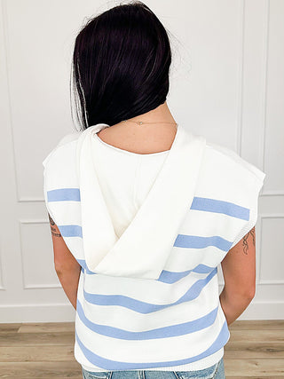 Hooded knit short-sleeve top, back view with draped hood, white and blue stripe pattern
